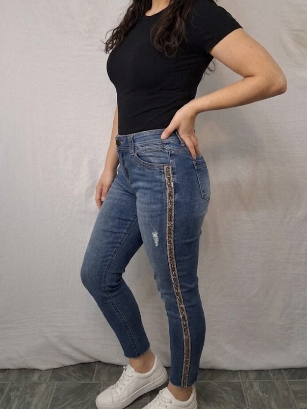 Democracy Dark Blue Ankle Skinny Jeans with Side Stripe